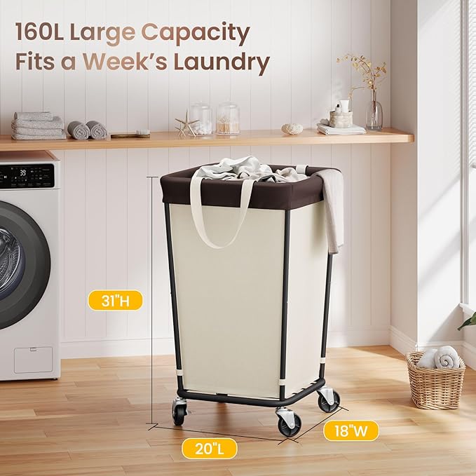 140L Laundry Basket with Wheels, 2-Section Rolling Hamper for Laundry, Large Laundry Hamper with Wheels, Rolling Laundry Basket Clothes Hamper for Home, Bathrooms and Dorm(Beige)
