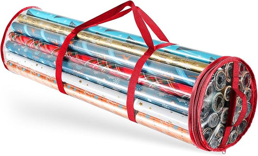 Hearth & Harbor Wrapping Paper Storage Container - Clear Wrapping Paper Holder Fits Up To 14 Rolls of 40" - Tear Proof Gift Wrap Organizer - Premium Bag for Easy Carrying, Red-NeatNest