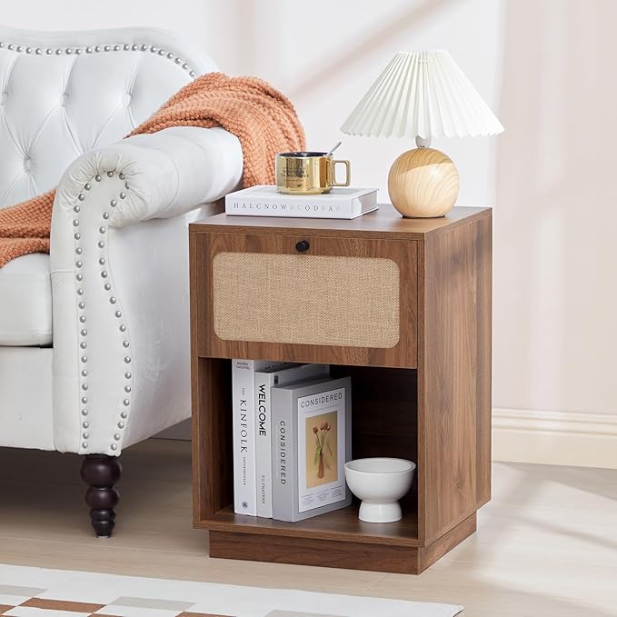 Mid Century Night Stand Set of 2, Modern Nightstand with Drawer & Curved Linen Panel, Farmhouse End Table Wood Bedside Table Small Side Tables for Small Space, Bedroom (Walnut)