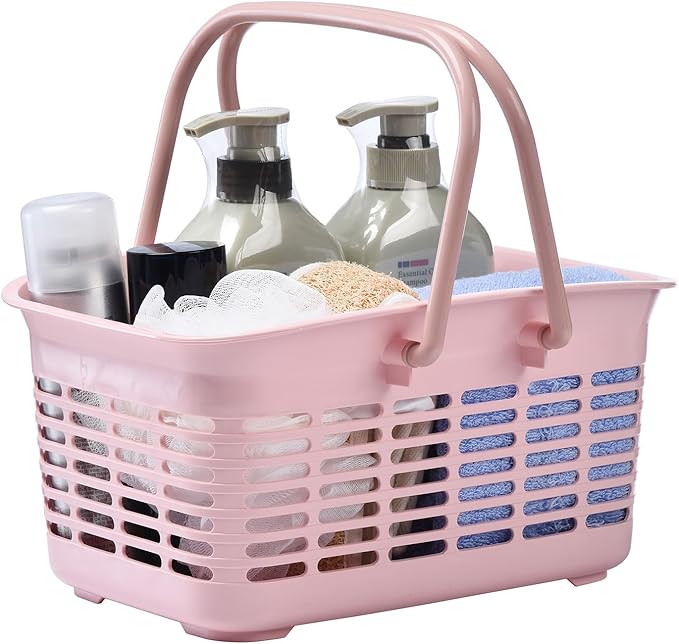 ALINK Plastic Shower Caddy Basket with Handle, Portable Organizer Storage Basket for College Dorm, Bathroom, Kitchen - Pink