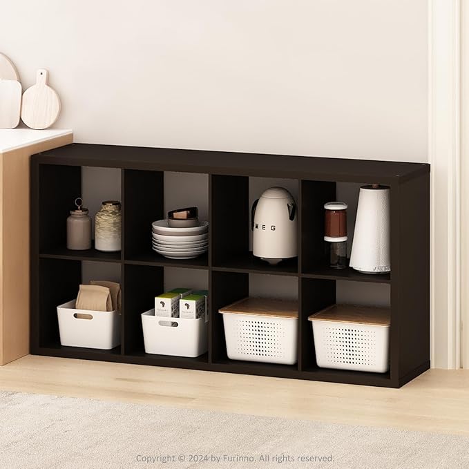 Furinno Hermite 8-Cube Open Shelves Kitchen Storage, Kitchen Island, Bakers Rack, Buffet Sideboard, Black Dark Oak-NeatNest