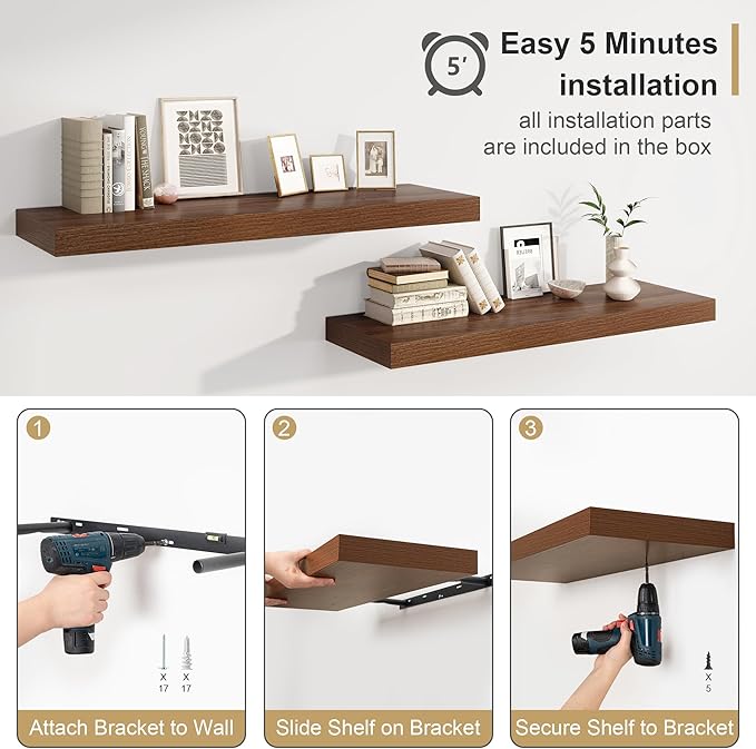 Heimlove Walnut Bathroom Shelves Floating Shelves for Wall Shelf Over Toilet Long Wall Mounted Modern Farmhouse,48 x 12 Wall Shelves with Invisible Brackets for Living Room, Kitchen, Bedroom-NeatNest