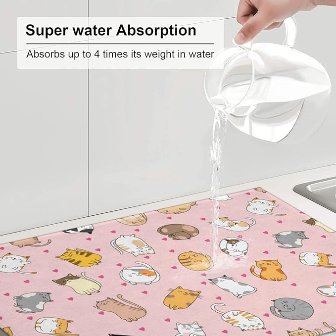 Cute Cat Dish Drying Mat for Kitchen Counter Cute Pink Kitchen Mat Microfiber Kitchen Countertop Absorbent Reversible Drainer Rack Pad Dish Drying Mat 18 x 24 Inch-NeatNest