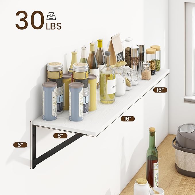 Fun Memories Deep Floating Shelves for Wall, 16W x 8D Wall Mounted Shelves Set of 2, Wide Display Ledge Shelf with Sturdy Metal Brackets for Living Room, Bathroom, Bedroom and Kitchen, White-NeatNest