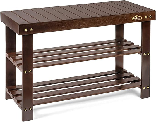 Homemaid Living Bamboo 3 Tier Shoe Rack Bench, Premium Shoe Organizer or Entryway Bench, Perfect for Shoe Cubby, Entry Bench, Bathroom Bench, Entryway Organizer, Hallway or Living Room(Brown)-NeatNest
