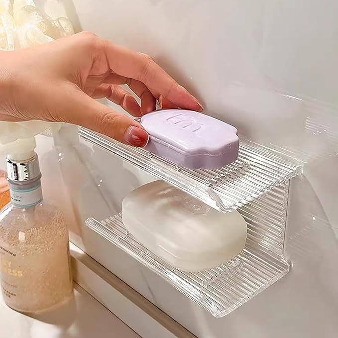 Double Layer Soap Holder, Wall Mounted NO-Drilling Self Draining Soap Dish with Rabbit Ornament, High Transparency Acrylic Bar Soap Sponge Holder for Shower, Bathroom, Bathtub, Kitchen Sink (Stripe)-NeatNest