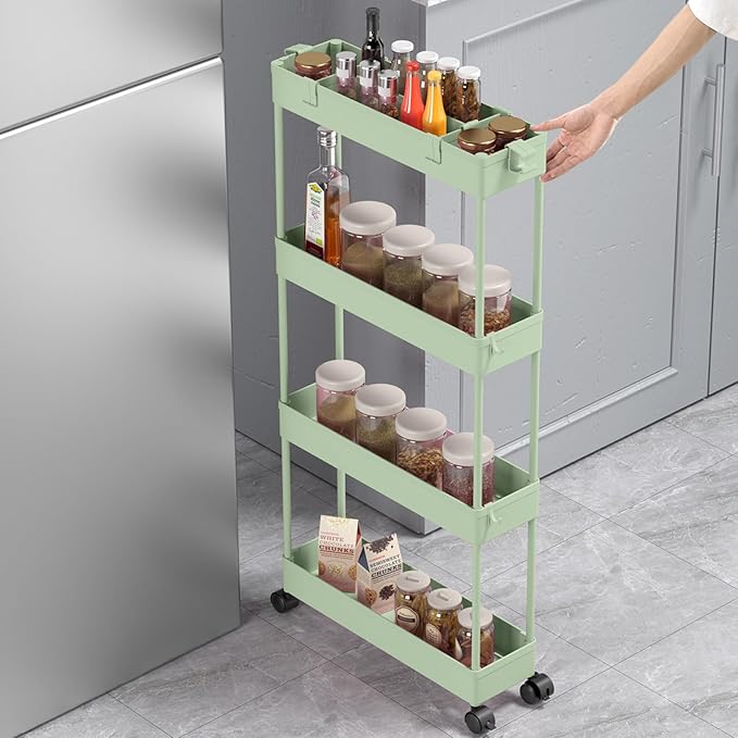 SPACELEAD Slim Storage Cart 4 Tier,Bathroom Organizer Rolling Utility,Mobile Shelving Unit Slide Out for Office, Kitchen, Laundry Room & Narrow Places，Green-NeatNest