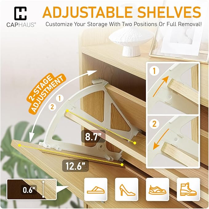 CAPHAUS Shoe Storage Cabinet w/Rattan Flip Drawers, Slim Thin Freestanding Entryway Shoes Organizer w/Adjustable & Removable Shelves, Modern Narrow Shoe Rack w/Metal Legs, Natural Oak