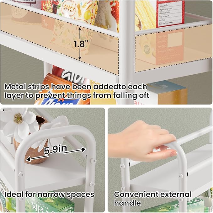 Slim Storage Cart, 4 Tier Rolling Utility Cart on Wheels, Narrow Shelving Unit Cart for Small Spaces in Kitchen, Dining Room, Bathroom, Laundry Room, White