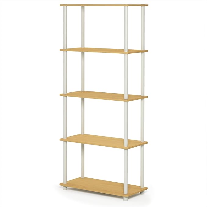 Furinno Turn-N-Tube 5-Tier Multipurpose Shelf / Display Rack / Storage Shelf / Bookshelf, Round Tubes, Beech/White-NeatNest