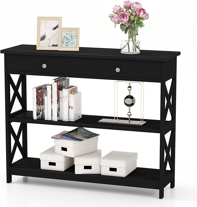 GOFLAME 39" Console Sofa Table with Drawers, 3-Tier Narrow Entry Table with Storage Shelves for Living Room Behind Couch, Entryway, Hallway (Black)-NeatNest