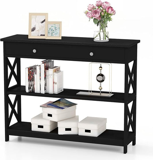 GOFLAME 39" Console Sofa Table with Drawers, 3-Tier Narrow Entry Table with Storage Shelves for Living Room Behind Couch, Entryway, Hallway (Black)-NeatNest