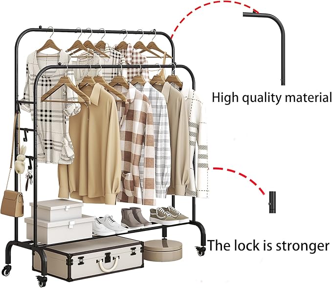 Garment Rack with Wheels Clothing Rack for Hanging Clothes Multi-functional Bedroom Clothes Rack，Black+Double RodsBlack-NeatNest