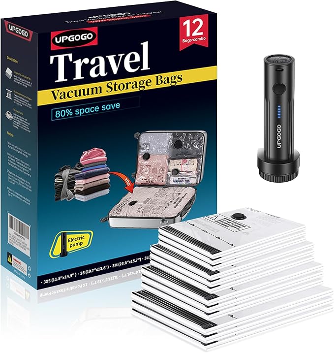 Combo 12 Pack Travel Vacuum Bags for Luggage with Portable Electric Pump,Vacuum Seal Bags for Clothing,Packing Cubes Compression,Cruise Ship and Travel Essentials-NeatNest