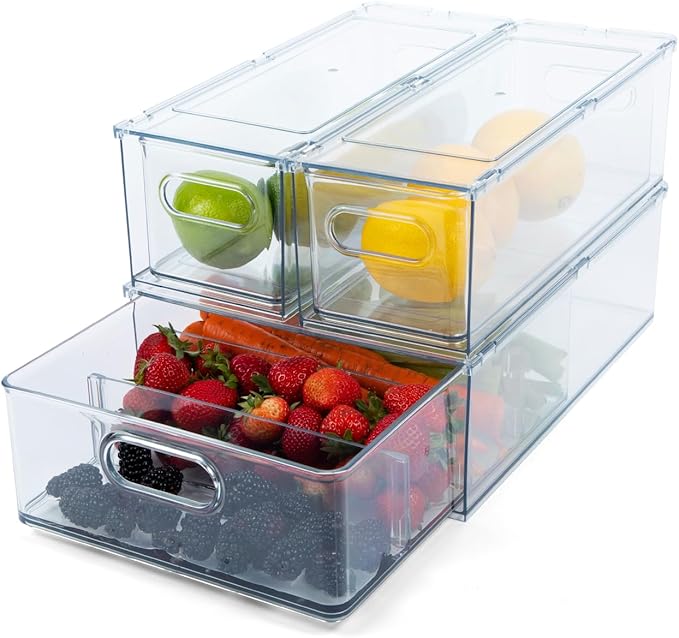 Clear Refrigerator Organizer Bins For Pantry Organization and Food Storage, Stackable Plastic Storage Bin With Pull-Out Drawer – Kitchen Containers, 3 Pack