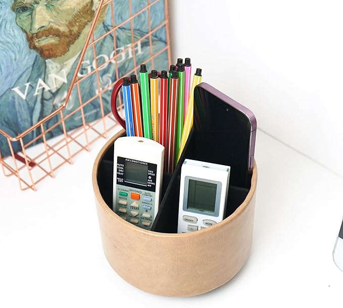 Hennaja Round Leather Art Supply Organizer,Remote Control Holder,360 Degree Spinning,Multi-Functional Pencil Holder,4 Compartments Desktop Stationary Organizer(1-Oil Yellow)-NeatNest