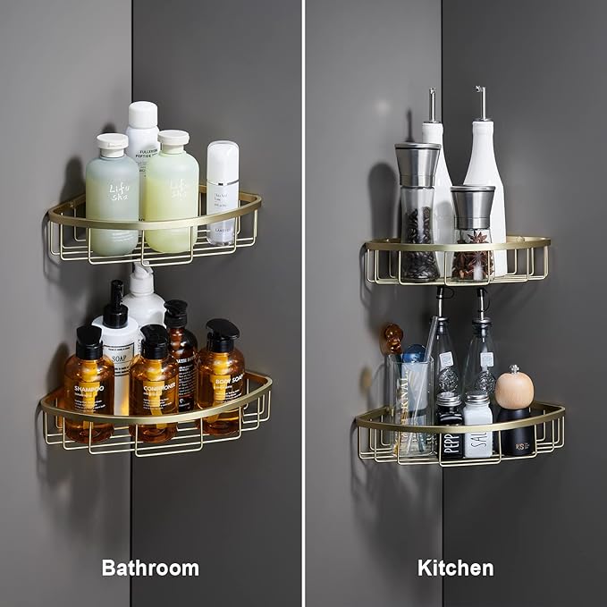 Corner Shower Caddy Organizer, SUS304 Stainless Steel Heavy Duty Rust-Proof Shelf Shampoo Holder, Wall Mounted Storage Rack for Bathroom Kitchen, 2 Packs Brushed Gold