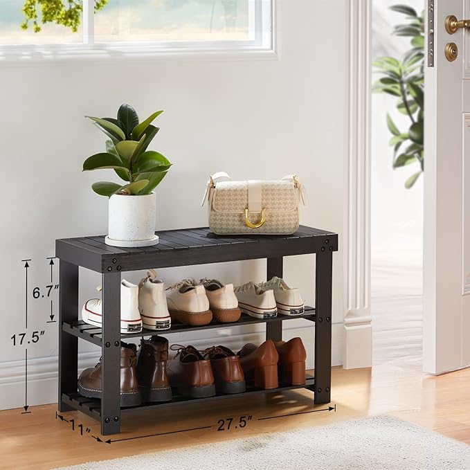 Pipishell Bamboo Shoe Rack Bench, 3 Tier Sturdy Shoe Organizer, Storage Shoe Shelf, Holds up to 300lbs for Entryway Bedroom Living Room Balcony, Black-NeatNest