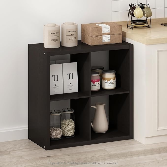 Furinno Hermite 4-Cube Open Shelves Kitchen Storage, Kitchen Island, Bakers Rack, Buffet Sideboard, Black Dark Oak-NeatNest