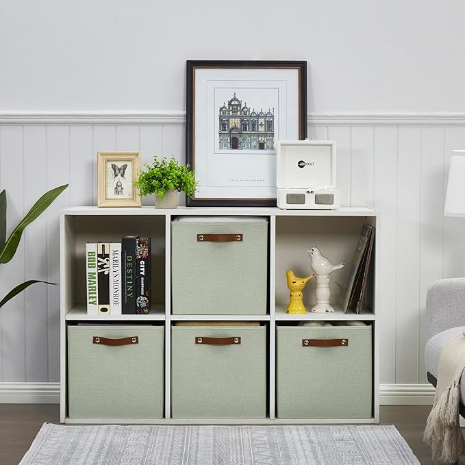 Collapsible Fabric Storage Cube Bins with 2 Reinforced PU Handles, Foldable Storage Organizer Baskets for Closet, Shelves, Living Room | 13"x13"x13", 4 Pack, Sage Green-NeatNest