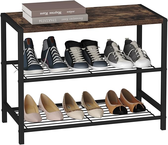 HOMEFORT 3-Tier Shoe Rack, Shoe Storage Shelf, Industrial Shoe Tower, Narrow Shoe Organizer for Closet Entryway, Small Shoe Rack Table with Durable Metal Shelves, Rustic Brown-NeatNest