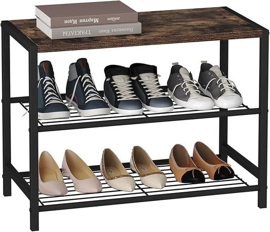 HOMEFORT 3-Tier Shoe Rack, Shoe Storage Shelf, Industrial Shoe Tower, Narrow Shoe Organizer for Closet Entryway, Small Shoe Rack Table with Durable Metal Shelves, Rustic Brown-NeatNest