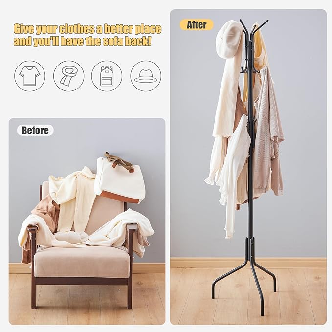 Coat Rack Freestanding,hat and coat rack stand for entryway,Living Room,Bedroom,Metal coat tree with12 Hooks and 3 Legs (Black)-NeatNest