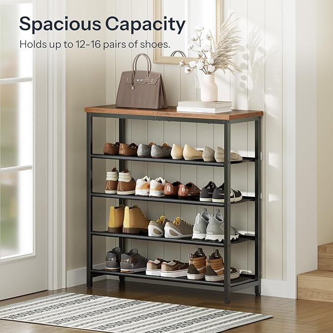 HOOBRO Shoe Rack with 4 PU Shelves, 5-Tier Shoe Storage Organizer for Closet and Entryway, Holds 12-16 Pairs of Shoes, Sturdy Metal Frame, Small Spaces, Rustic Brown and Black BF95XJ01-NeatNest