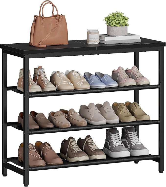 HOOBRO Shoe Rack with 3 PU Shelves, 4-Tier Shoe Storage Organizer for Closet and Entryway, Holds 9-12 Pairs of Shoes, Sturdy Metal Frame, Small Spaces, Black BB94XJ01-NeatNest