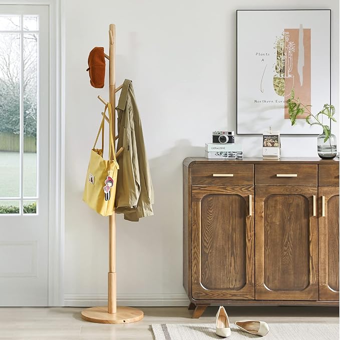 IBUYKE Coat Rack Stand, Freestanding Coat Tree with Solid Round Base and 8 Hooks, Easy Assembly Wooden Coat Hanger, Clothes Rack for Hallway Entryway, Living Room, Bedroom, Natural Color WD-115-NeatNest