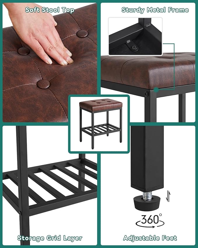 IBUYKE Rectangular Makeup Stool with Adjustable Feet and Storage Space, Footrest Chair, PU Vanity Seat, Multi-Use as Small Side Table or Ottoman, for Bedroom, Dark Brown WBD017Z