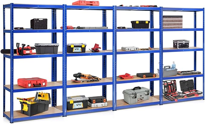 ERGOMASTER 5 Tier Utility Shelves Rack Garage Heavy Duty Steel Metal Shelving Unit with Adjustable Design, Bolt-Free Assembly & 380 LBS Wight Capacity Per Tier (Set of 4, Blue)