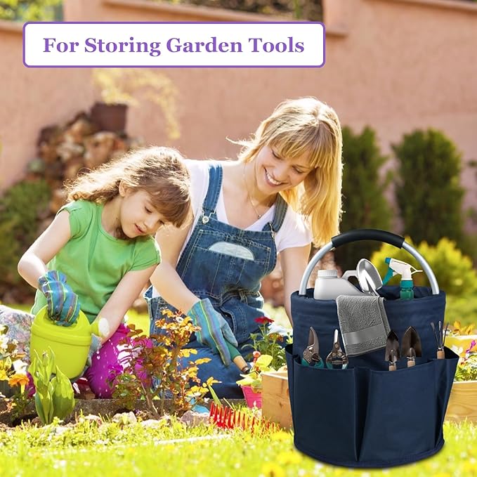 17L Cleaning Caddy with Handle, Portable Shower Caddy in 600D Oxford Fabric, Bucket Tool Organizer with 6 Side Pockets, Collapsible Storage Basket for Cleaning, Camping, Navy Blue-NeatNest