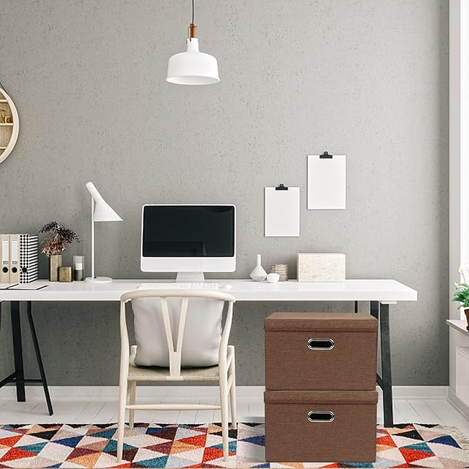 DAYARD Foldable Storage Boxes with Lids Linen Fabric Stackable Storage Bins Organizer Containers Baskets Cube with Cover for Closet Office Nursery, Coffee (15 x 10 x 10)-NeatNest