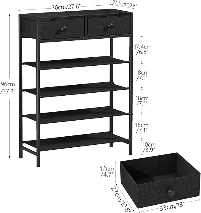 Shoe Rack, 5 Tier Shoe Organizer with 2 Drawers, Metal Shoe Storage for 16-20 Pairs of Shoes with Fabric Shelves and Wooden Top, Narrow Shoe Shelf for Closet Entryway Black-NeatNest