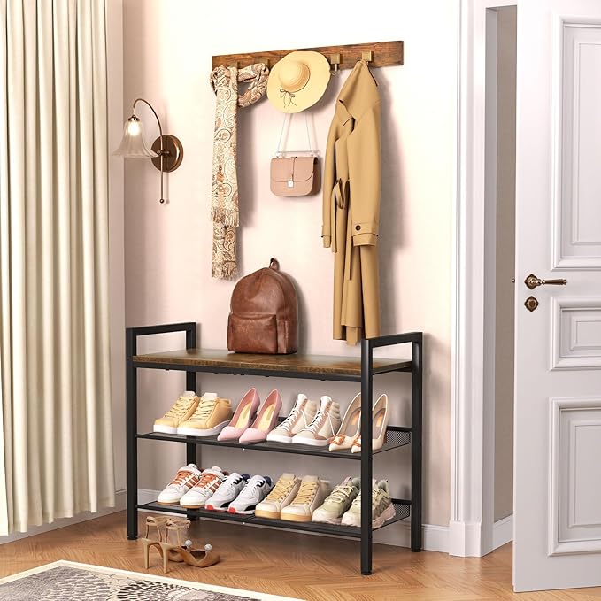 Shoe Rack for Front Door Entrance, 3 Tier Shoe Rack for Entryway, Shoe Shelf for Closet, Metal Shoe Rack Organizer with Sturdy Wooden Top & Steel Frame,(Black+Rustic Brown)-NeatNest