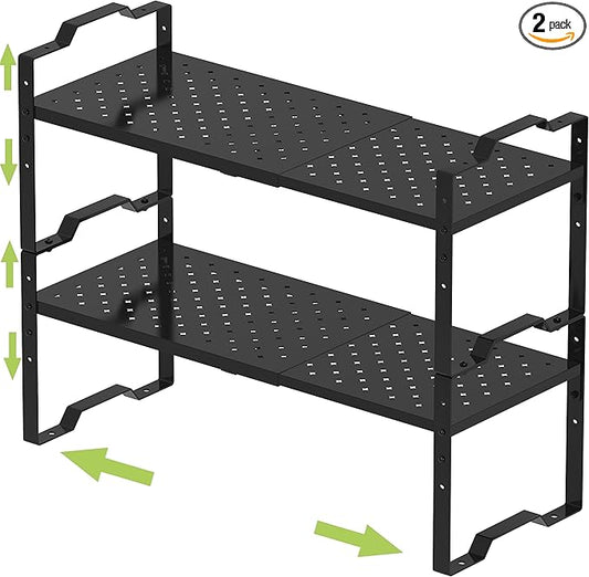 Expandable Shelf for Cabinet Organizer Adjustable Stackable Spice Rack at Kitchen and Bathroom More, Counter Countertop Cupboard Organization Pantry Storage (2 Packs/Black, Medium)-NeatNest
