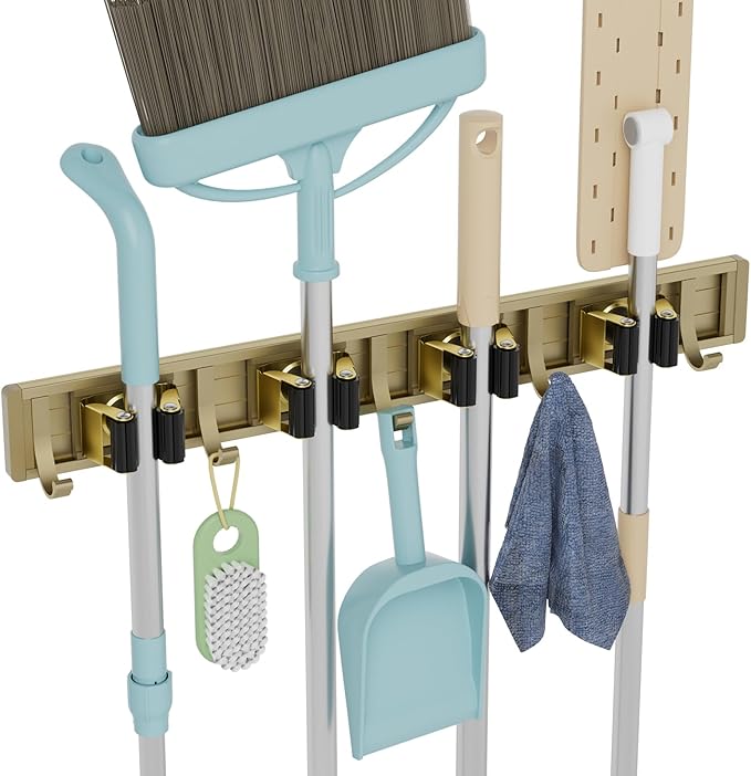 Broom Holder Wall Mount Mop and Broom Hanger Wall Mounted Garage Storage Rack Kitchen Garden Tool Organizer (4 Racks with 5 Hooks, Bronze)-NeatNest