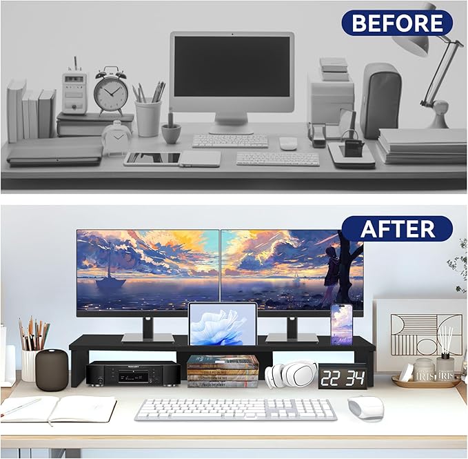 Dual Monitor Stand Riser with LED Lights and Phone Tablet Holder, 35.8in Large Monitor Stand for Desk, Computer Monitor Stand for 2 Monitors, Desktop Shelf Organizer for Laptop, Printer, TV