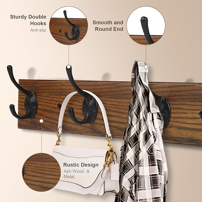 Coat Rack Wall Mounted, Wall Coat Rack with 4 Rustic Coat Hooks, 17” Entryway Ash Wood Coat Hanger Rail Hooks for Hanging Coats Hats, Perfect for Bedroom Bathroom Kitchen-NeatNest