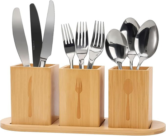 3Pcs Silverware Caddy for Patry, Utensil Holder for Countertop, Silverware Holder Flatware Organizers with tray, Portable Organizer with Wood Tray, Spoon and Fork Holder (Bamboo wood)-NeatNest