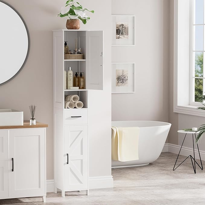 Homhedy 67" H Tall Bathroom Storage Cabinet with 2 Barn Doors and 1 Drawer, Narrow Storage Unit, Adjustable Shelves, Floor Cabinet for Bathroom, Living Room, Entryway, Kitchen, White, (11.8" W)