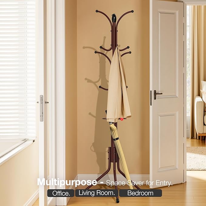 Coat Rack Freestanding,12 Hooks Metal Coat Racks with Umbrella Holder,Sturdy Hall Rree,Easy Assembly Coat Rack Stand for Hanging Scarf,Purse,Hats,Jacket(Brown)-NeatNest