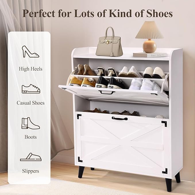 Shoe Cabinet Storage for Entryway - Narrow Shoe Storage Cabinet with 2 Flip Drawers, Farmhouse Shoe Organizer for Entryway Slim Hidden Shoe Rack Cabinet with Hooks for Hallway Foyer Garage-NeatNest