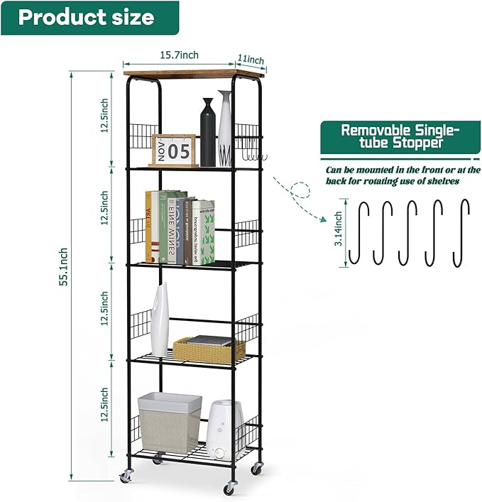 Storage Shelves with Wheels 5 Tier Metal Wire Storage Rack with Wooden Top, Versatile Utility Organizer with Side Hooks Free Standing Rolling Cart for Bathroom, Living Room, Kitchen, Laundry, Brown