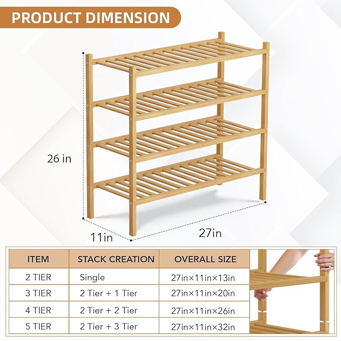 4 Tier Bamboo Shoe Rack Storage Organizer for Closet, Multifunctional Stackable Free Standing Shoe Shelf Organizer for Small Space,Entryway,Hallway,Bathroom 27"x11"x26"(Natural, 4 Tier)-NeatNest