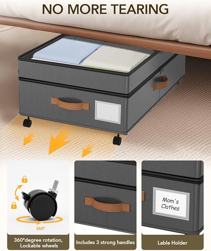 4 Pack Under Bed Storage with Wheels, Adjustable Height Storage Containers, 10 inches Large Capacity Rolling Underbed with Lids, Storage Drawers Shoes, Clothes, Blankets, Grey-NeatNest