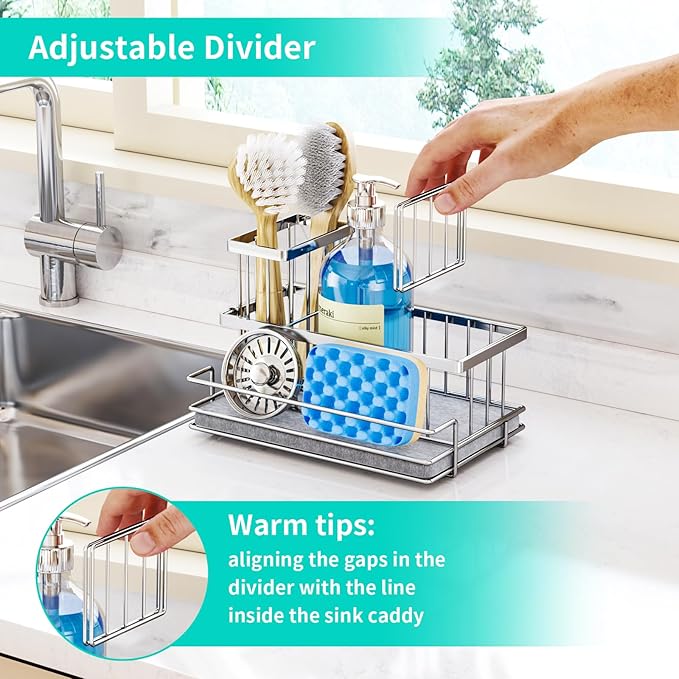 HapiRm Sink Caddy Sponge Holder - Kitchen Sink Organizer with Instant Drying Stone and Brush Holder, Stainless Steel Sponge Caddy for Kitchen Countertop - Silver