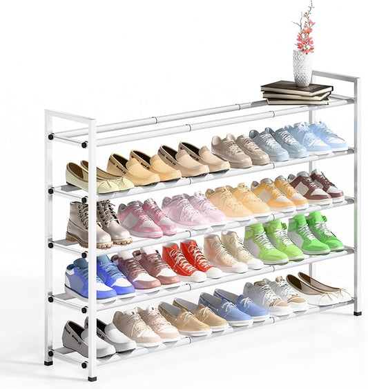 Bumusty 5-Tier Long Expandable Shoe Rack for Closet, 18"-44" Adjustable Shoe Rack for Entryway, 25-30 Pairs Large Shoe Organizer Shelf Storage, Sturdy Metal, White-NeatNest