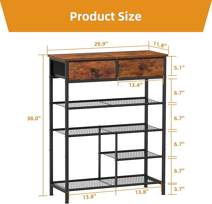 Snughome Shoe Rack, 5 Tier Shoe Storage Organizer with 2 Drawers, Shoe Storage Shelves with Sturdy Wooden Top and Metal Shelves, Free Standing Shoe Rack for Entryway Closet-NeatNest